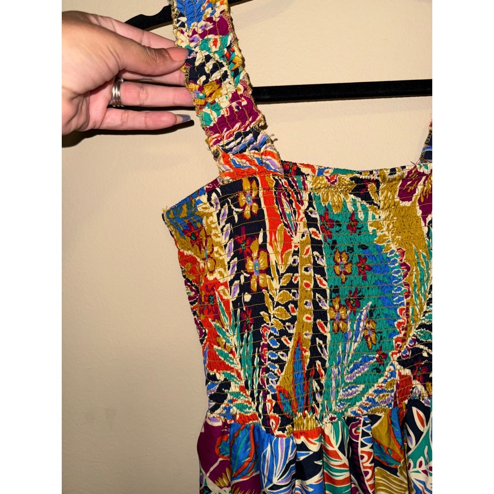 Women Boho Multi Color Floral Paisley Smock Tiered Midi Dress L Resort Festival - Picture 3 of 5